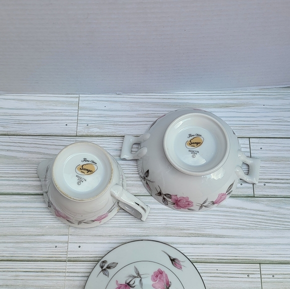 Sango Rosetta 3104 Creamer & Sugar Bowl w/Lid w/Platinum Trim Japan Pink Roses - Picture 9 of 14